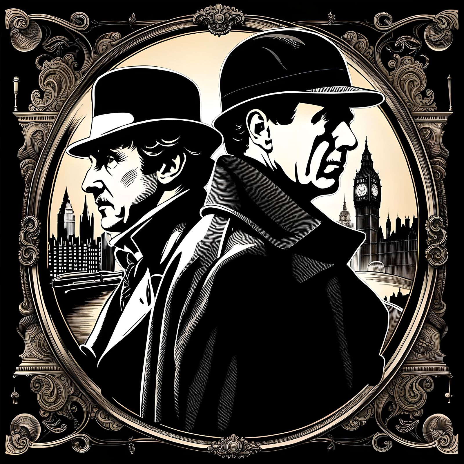 Sherlock Holmes and Watson: Detailed Ink and Pencil Drawing