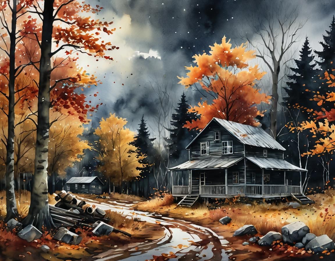 Overgrown Maple Shack in Moody Watercolour Sky