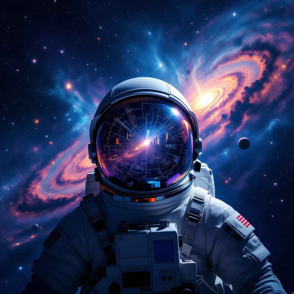 Astronaut Lost in Space Amidst Nebulae and Galaxies