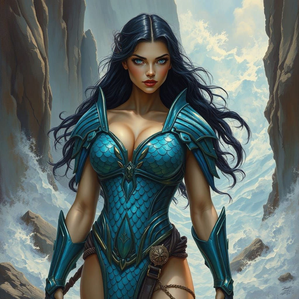 Amazon Warrior in Blue Armor, Fantasy Art