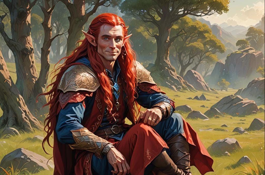 A tall male elf with very long red hair,blue eyes,wearing red clothing. He is sitting on a boulder in a grassy field, an...