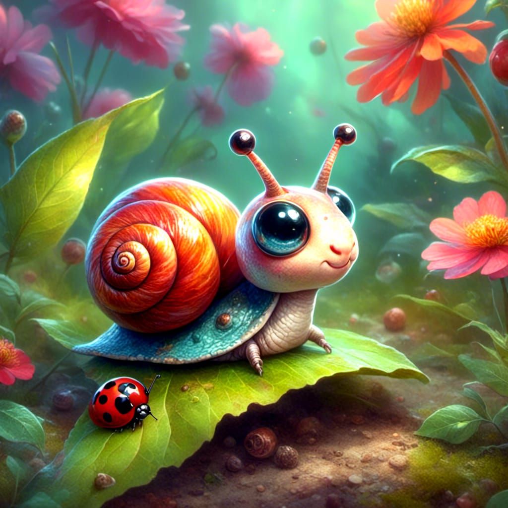Cute Snail and Ladybug in Whimsical Setting
