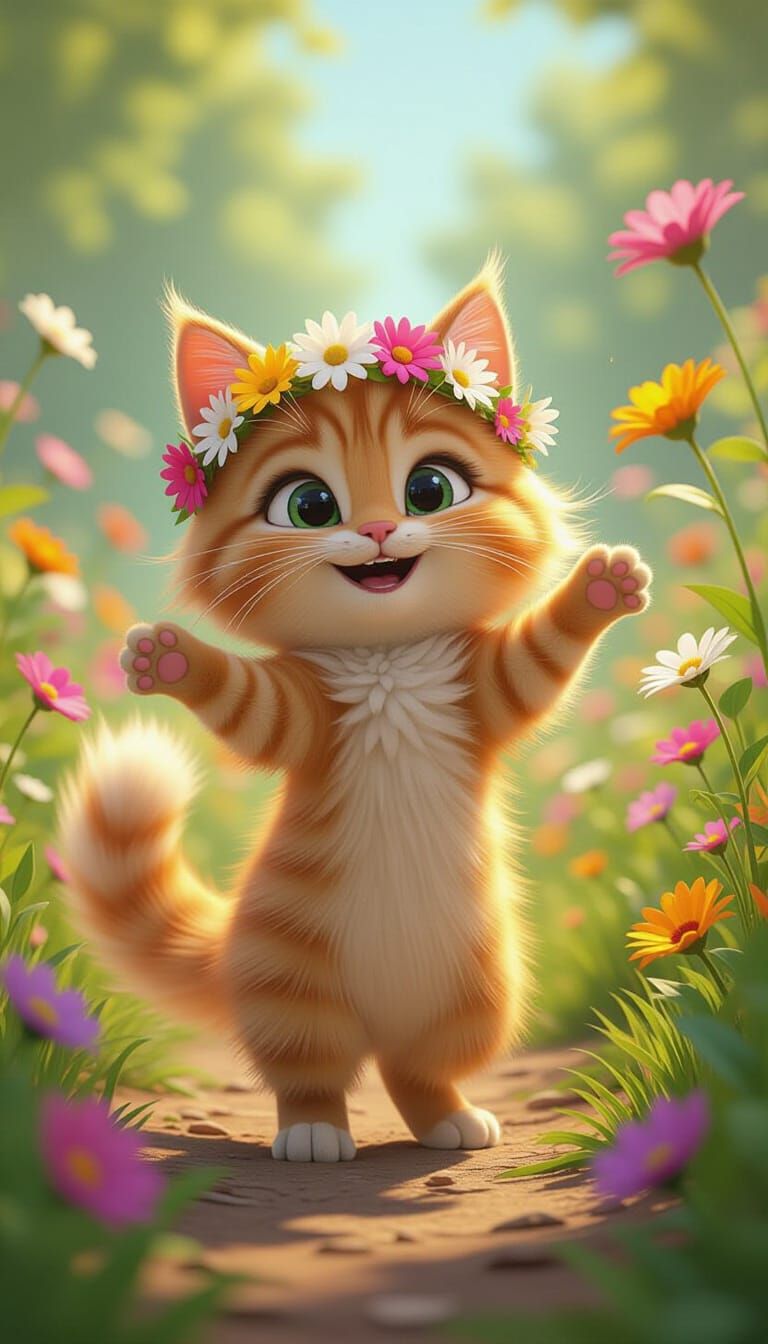 Playful Orange Cat Dancing in Garden: 3D Pixar Style