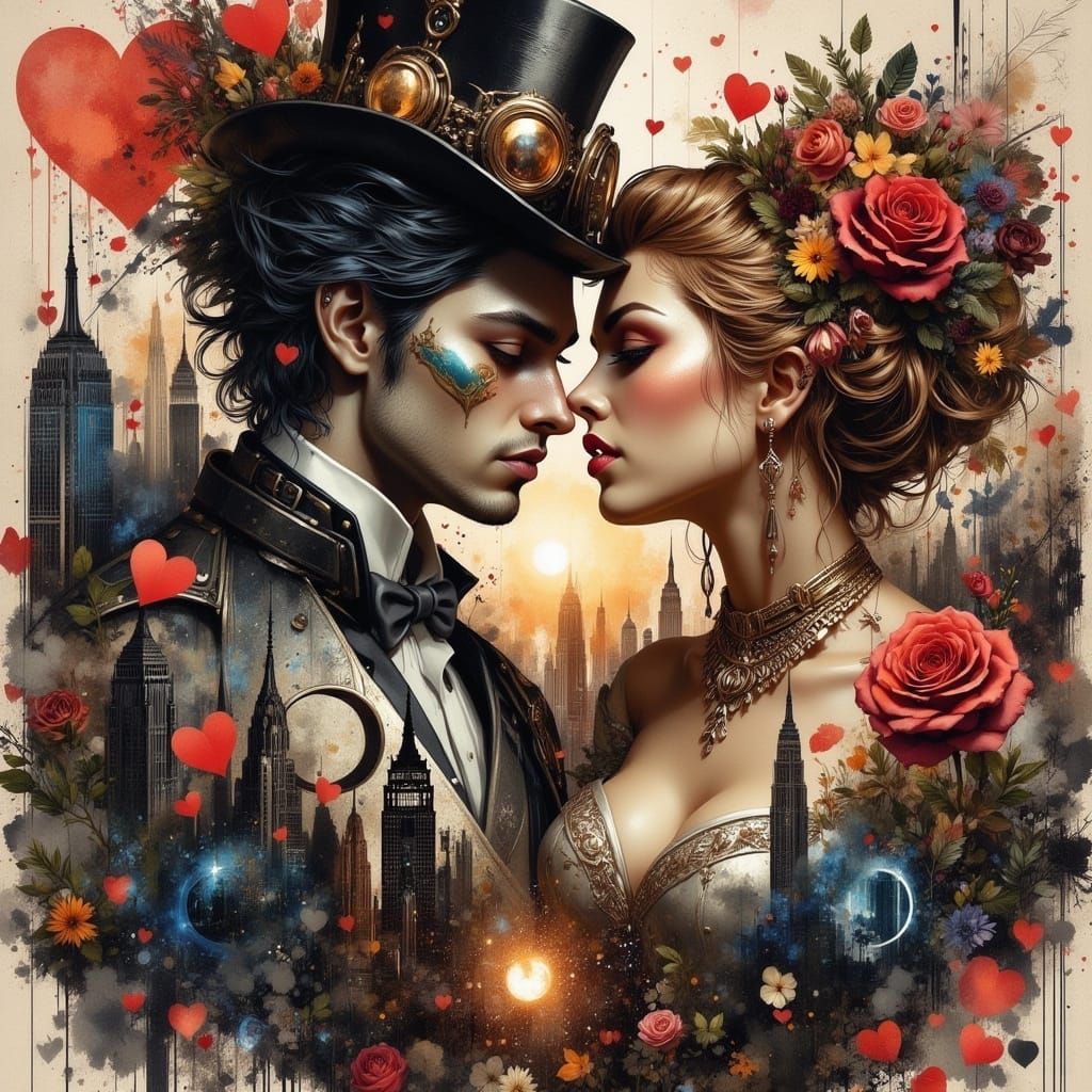 Steampunk Portrait with City Dreams and Roses