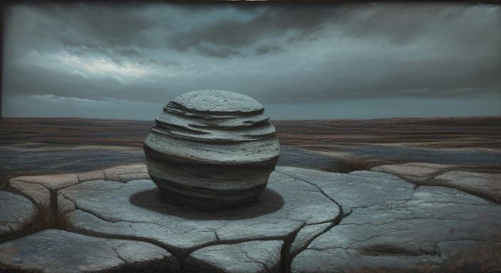 Enigmatic Stone in Surreal Alien Landscape Oil Painting