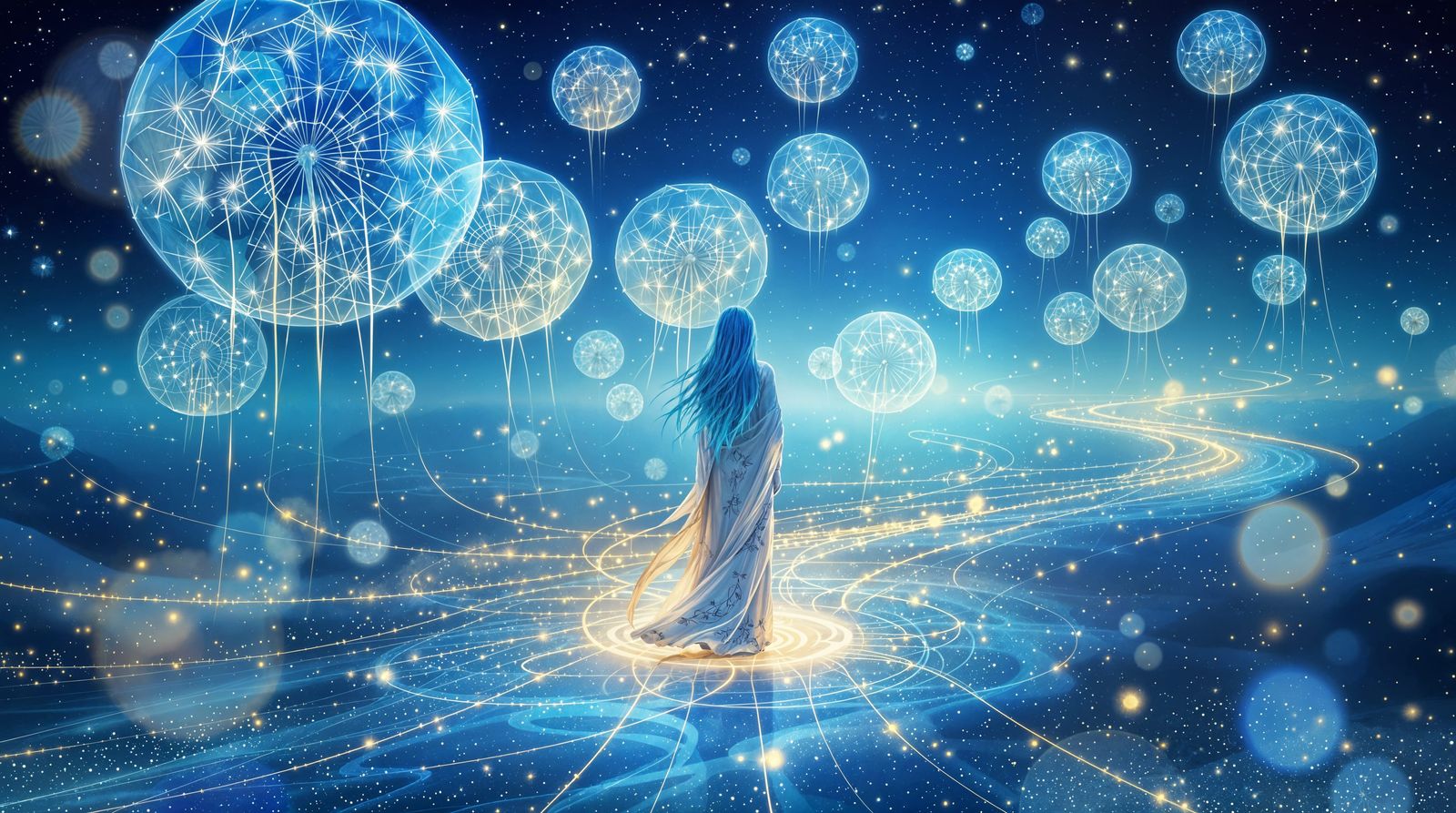 Digital Watercolor Landscape with Ethereal Figure in Twiligh...