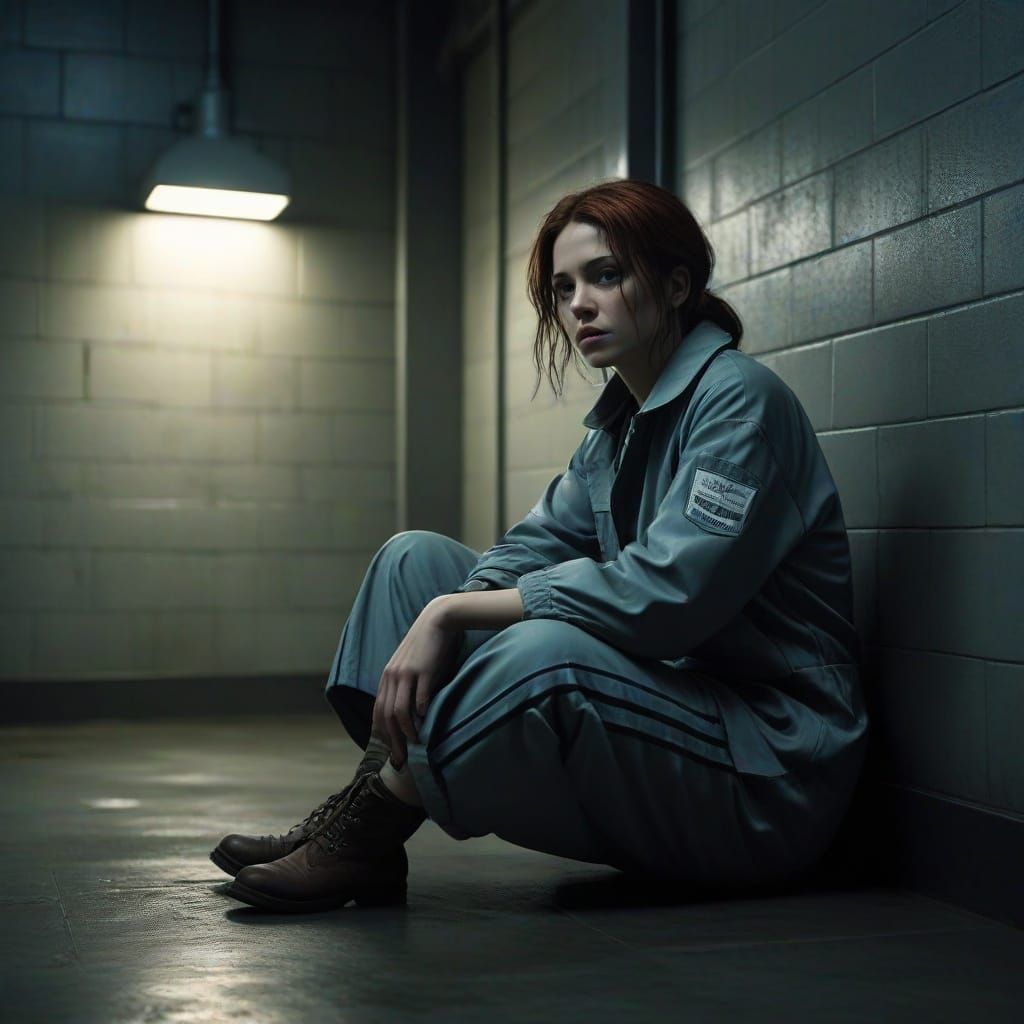 Moody Portrait of a Female Prisoner in a Cold, Grey Cell