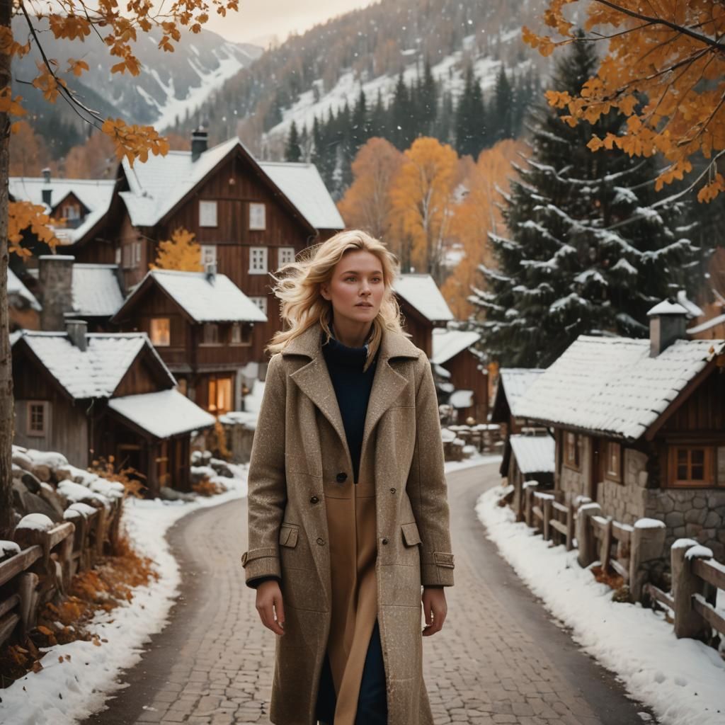 Nordic Woman in Snowy Autumn Village, Cinematic Style