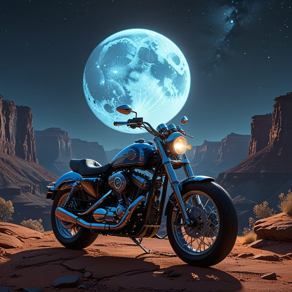 Harley Davidson Swarm Over Grand Canyon in Futuristic Style
