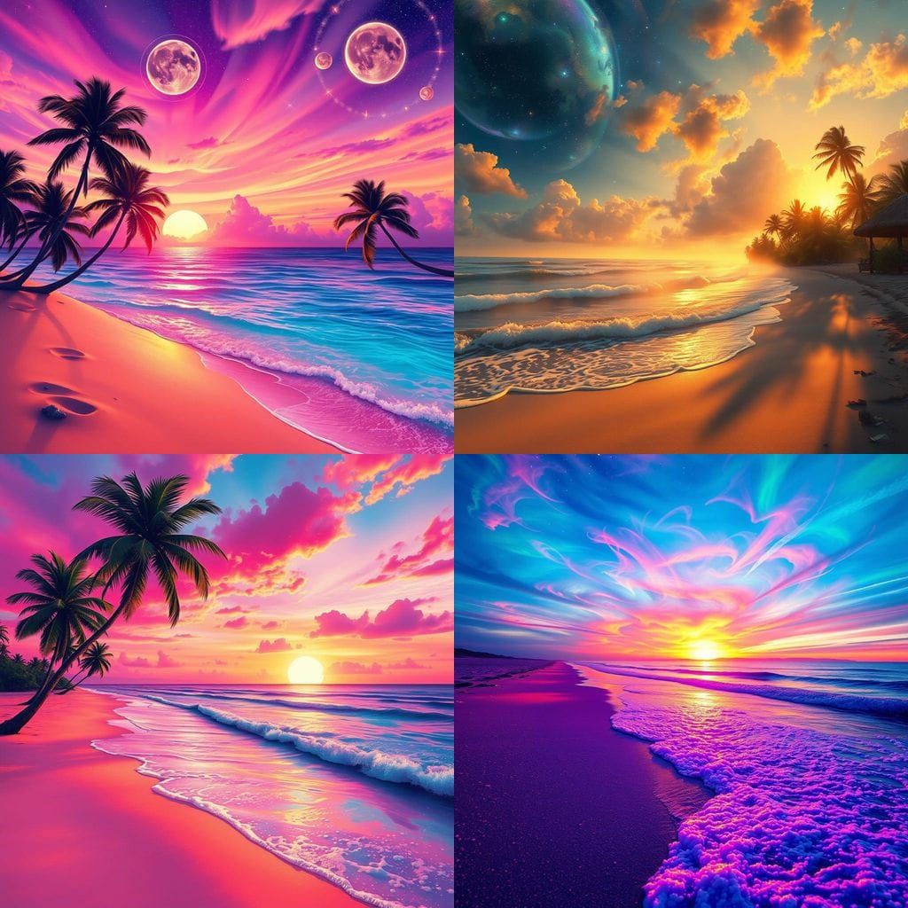 Cosmic Beach Sunset in Vibrant Astral Colors