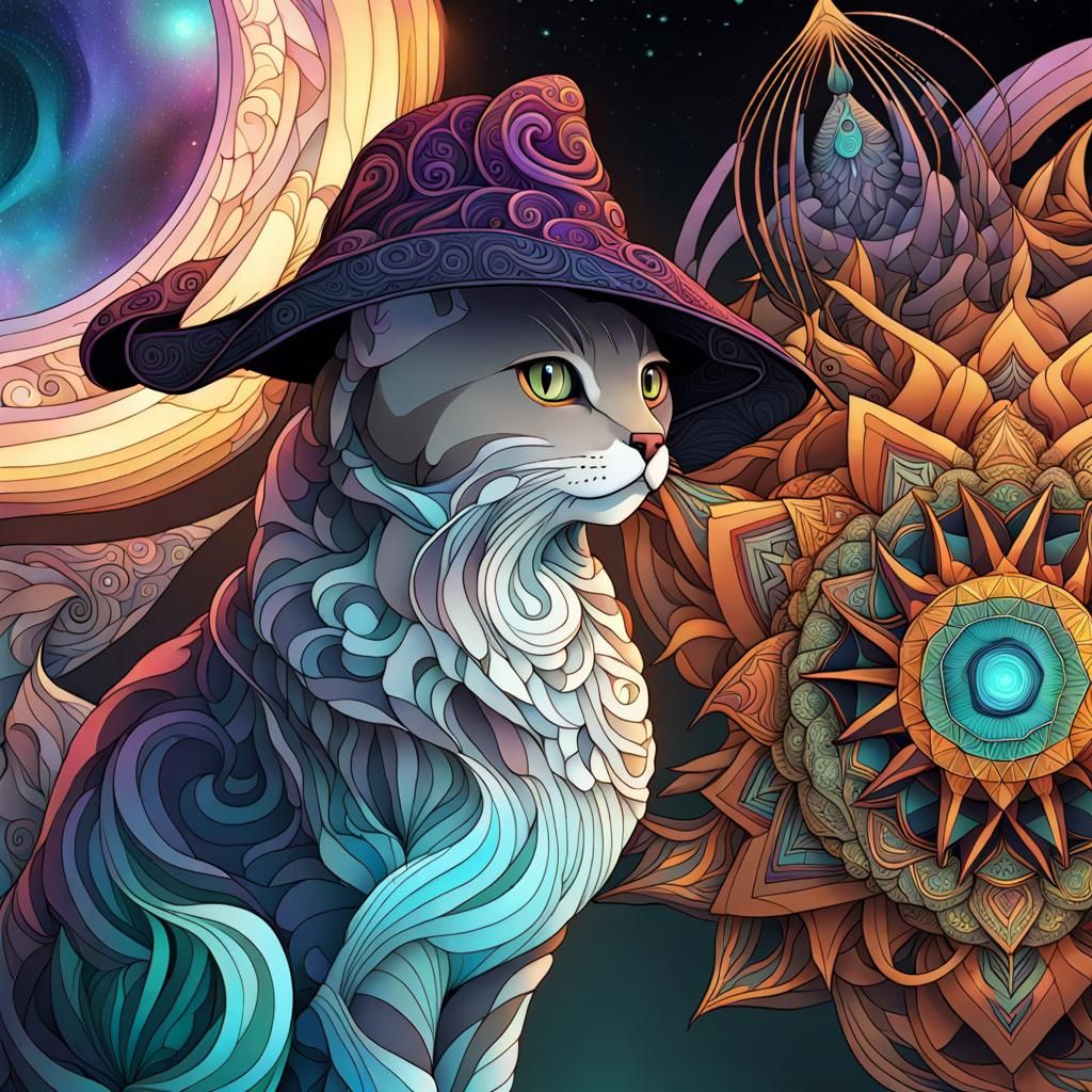 Dark Gray Cat in Witch Hat, Polychromatic Art