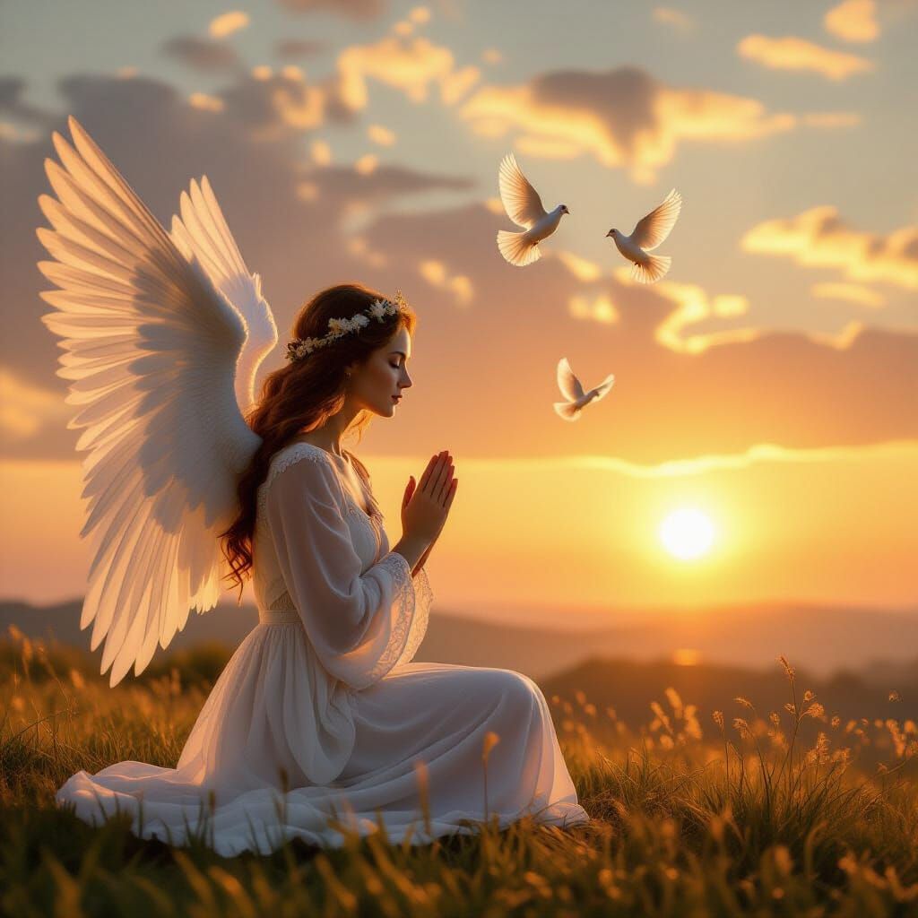 Angelic Woman Praying at Sunrise with Doves