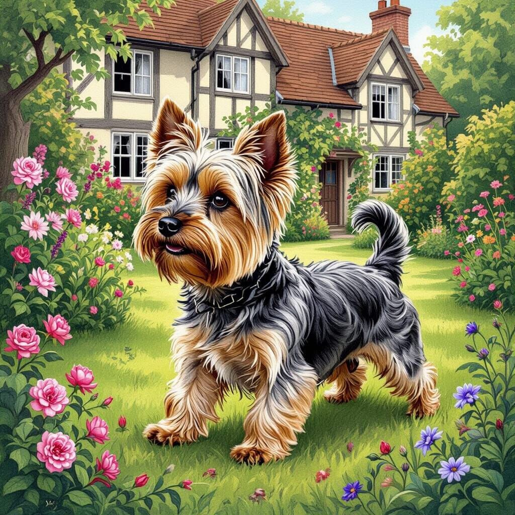 Yorkshire Terrier in an English Cottage Garden