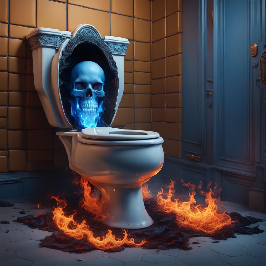 Flaming Blue Skull Emerges from Toilet