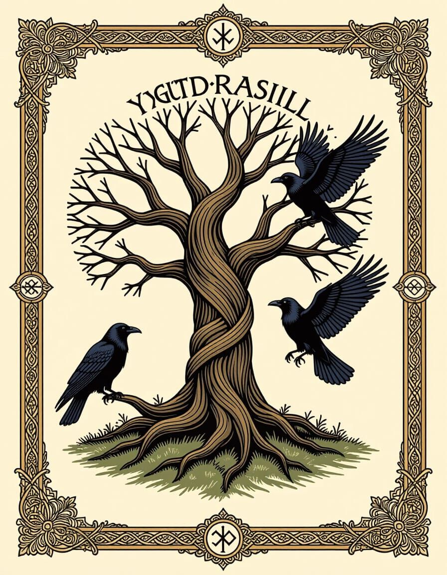 Norse Yggdrasill Tree with Runes and Ravens