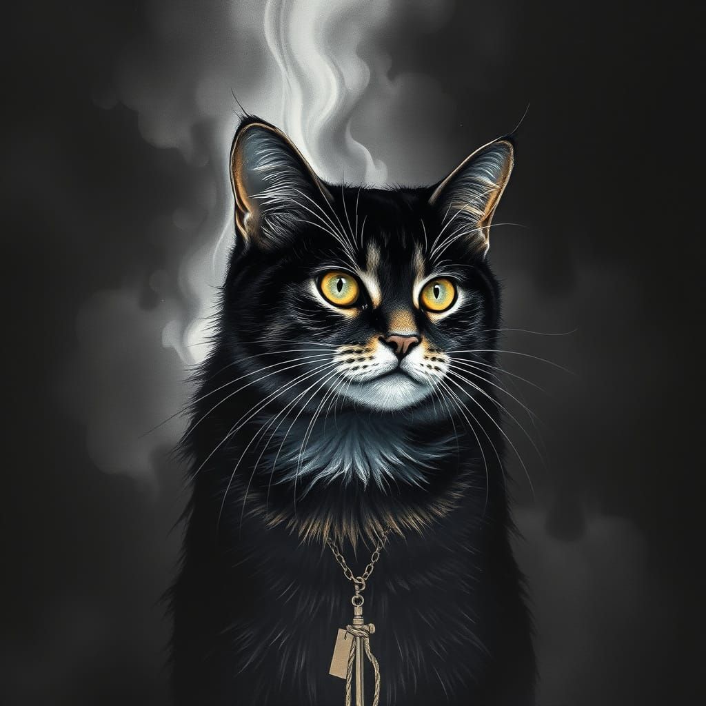 Enchanted Black Cat in Steampunk Gouache