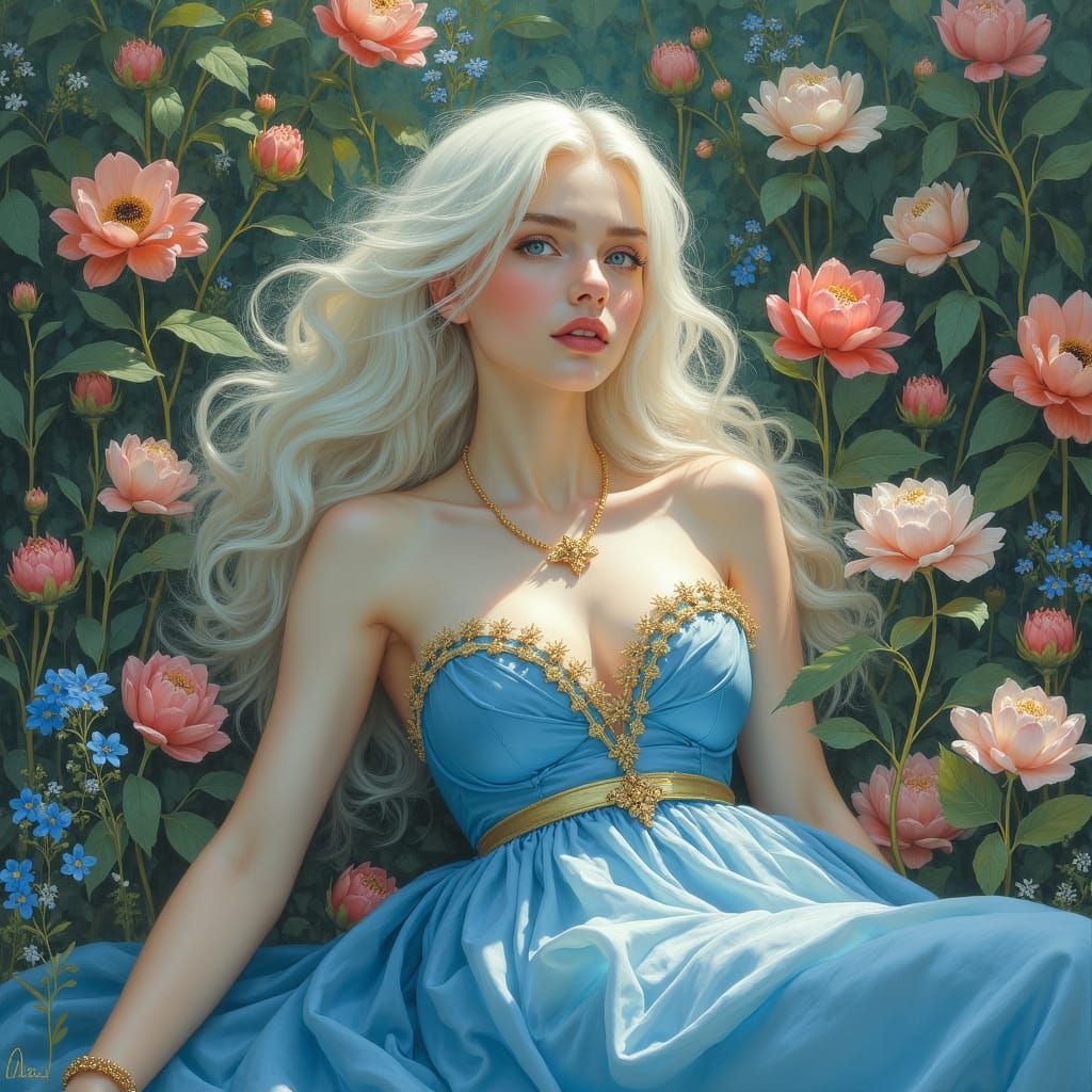 Woman in Blue Gown Surrounded by Flowers