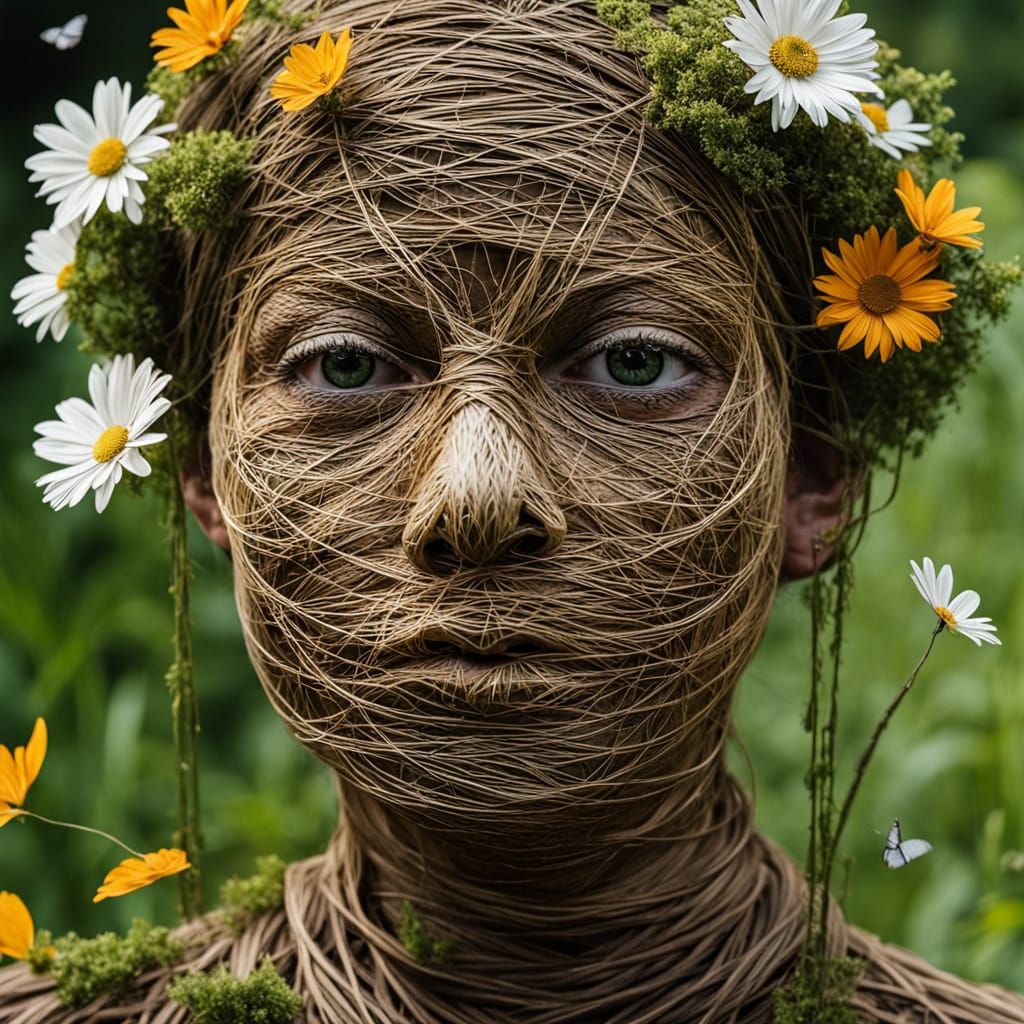 Woman of Strings Kissing Butterfly Bird: Eco-Art