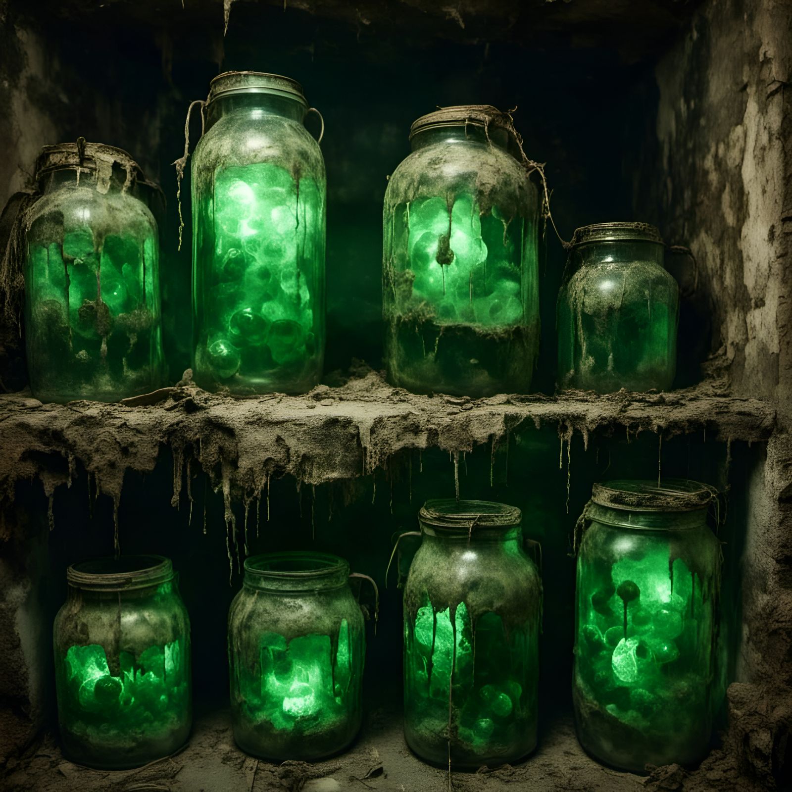 Green Glowing Blobs in Dusty Jars