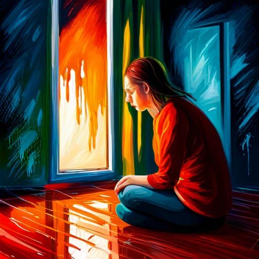 Sad Woman Watching Rain: Hyperrealistic Splash Art