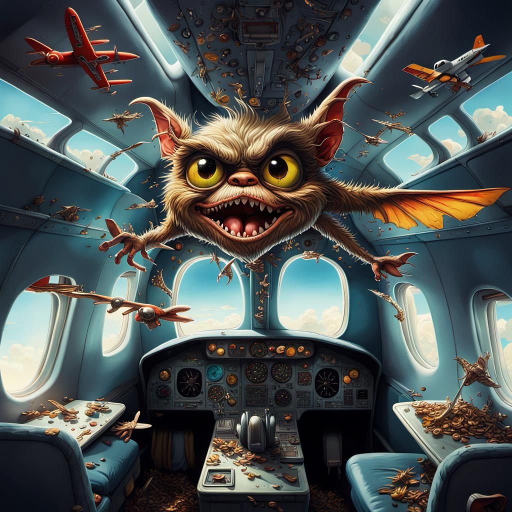 Gremlins Sabotage Airplane Wing in Surreal Style