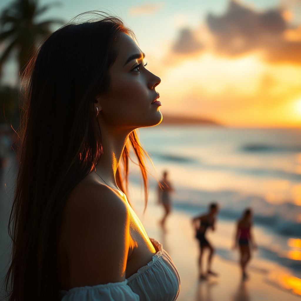 Ipanema Woman Silhouetted at Sunset: Hyperrealistic Photogra...