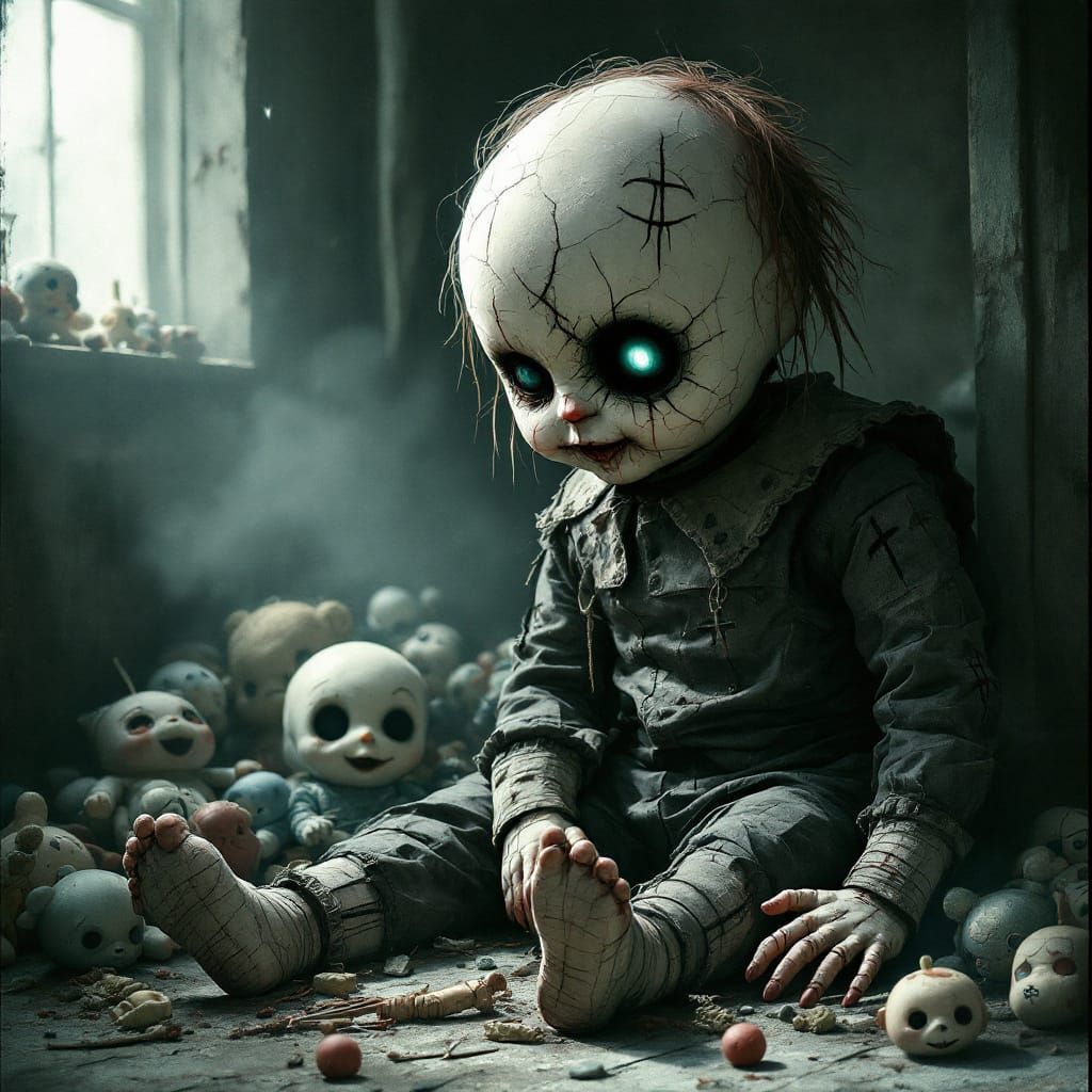 Creepy Porcelain Doll with Malevolent Gaze in Dim Attic