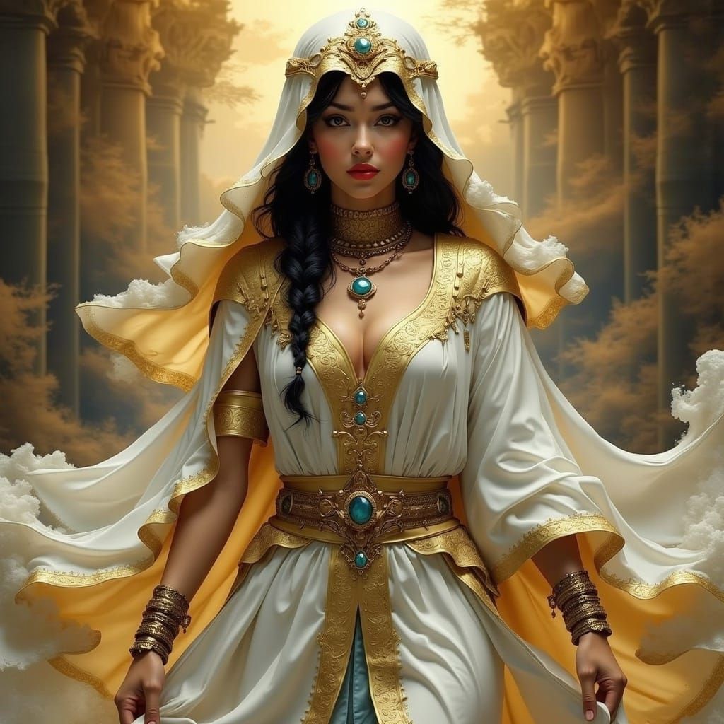 Mystic Priestess in Ancient Temple: Art Nouveau Style