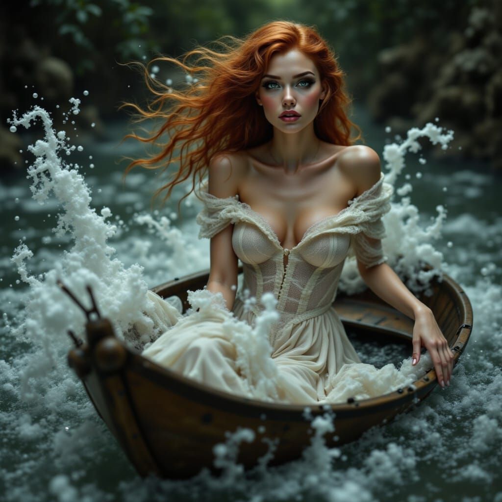 Baroque Woman in Rowboat, Ghostly Lace Amid Turbulent Waters