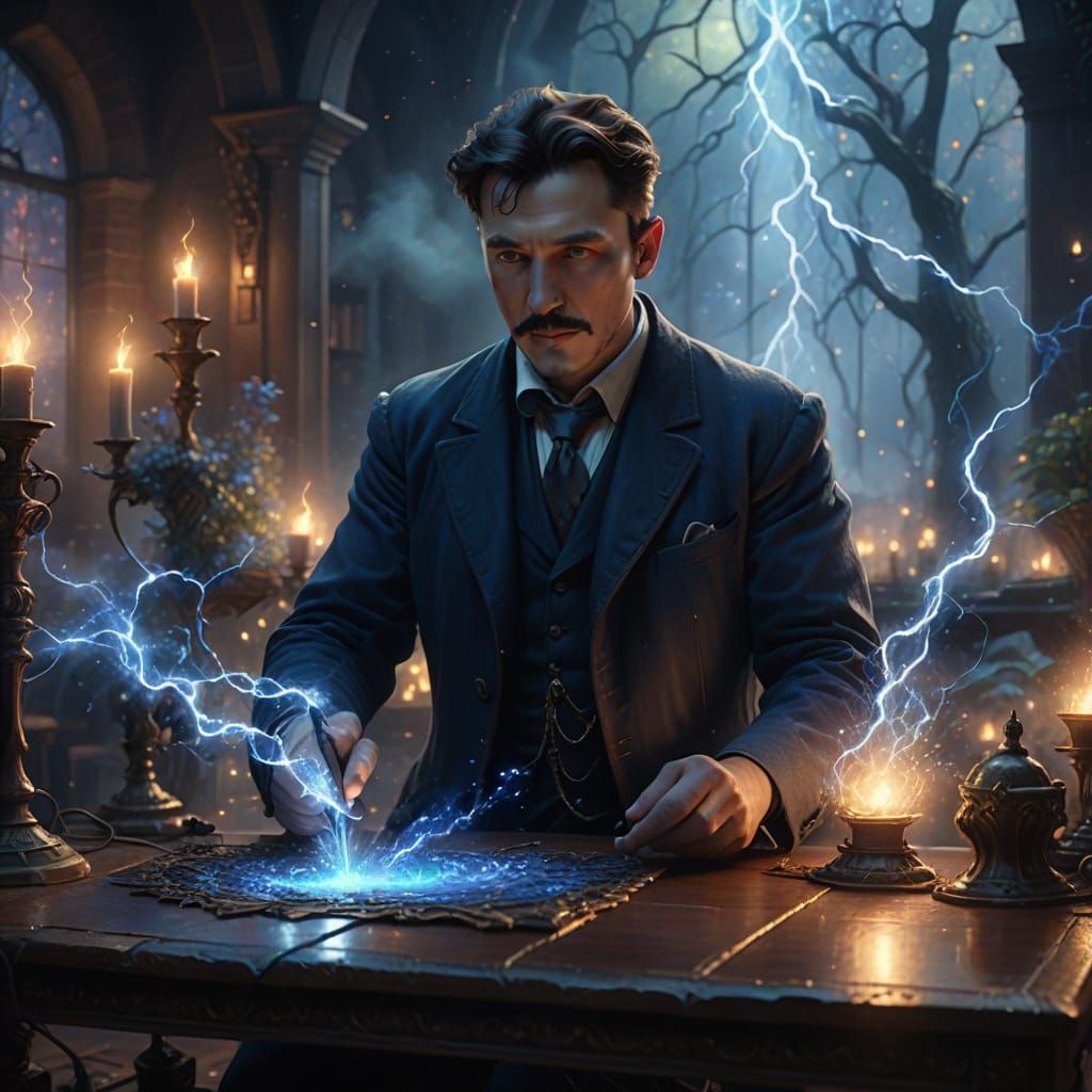 Tesla at Work with Blue Sparks in Ethereal Fantasy
