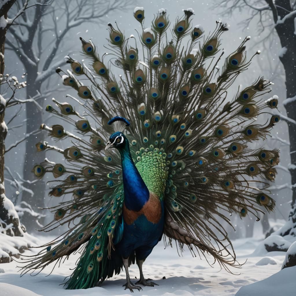 Peacock in Snowy Landscape: Fantasy Concept Art
