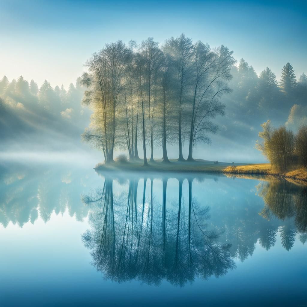 Serene Blue Lake Reflection in Dreamy Landscape