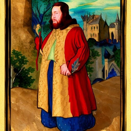 Medieval Merchant in Gouache Style, Museum Masterpiece