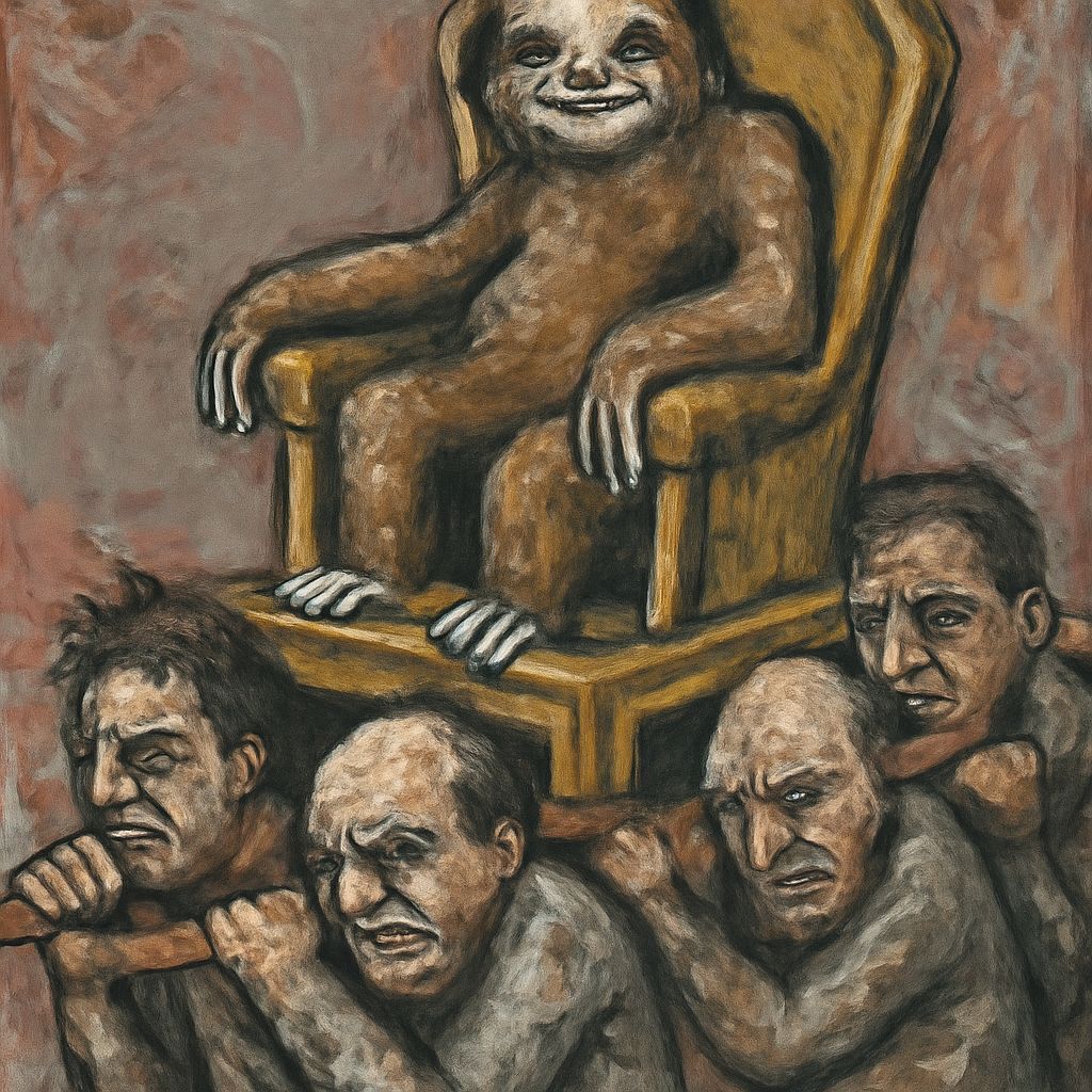 Sloth on Throne Carried by Workers in Art Brut Style