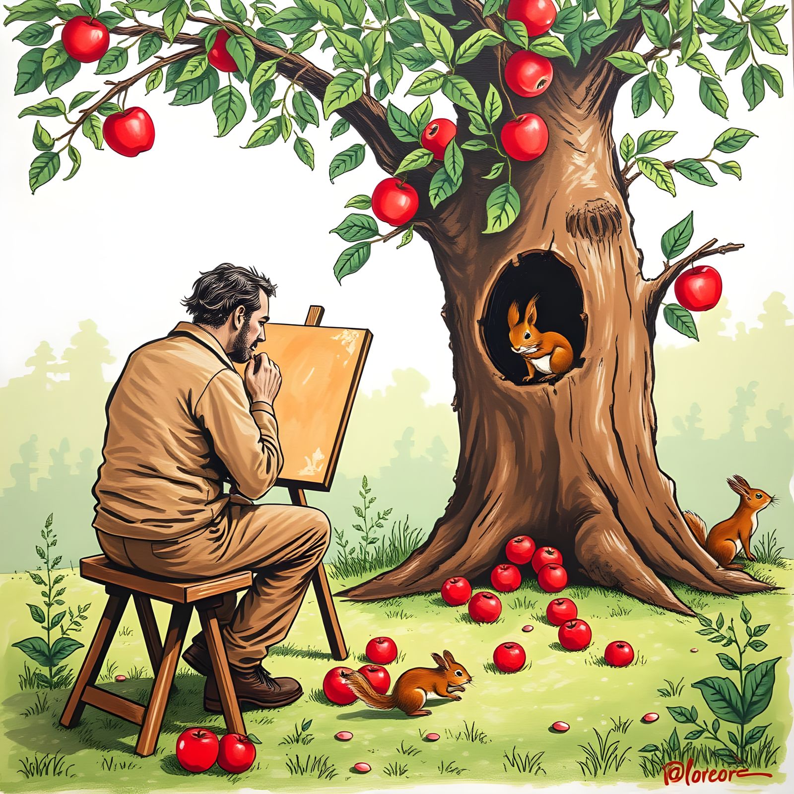 Artist at Easel with Apple Tree and Squirrel