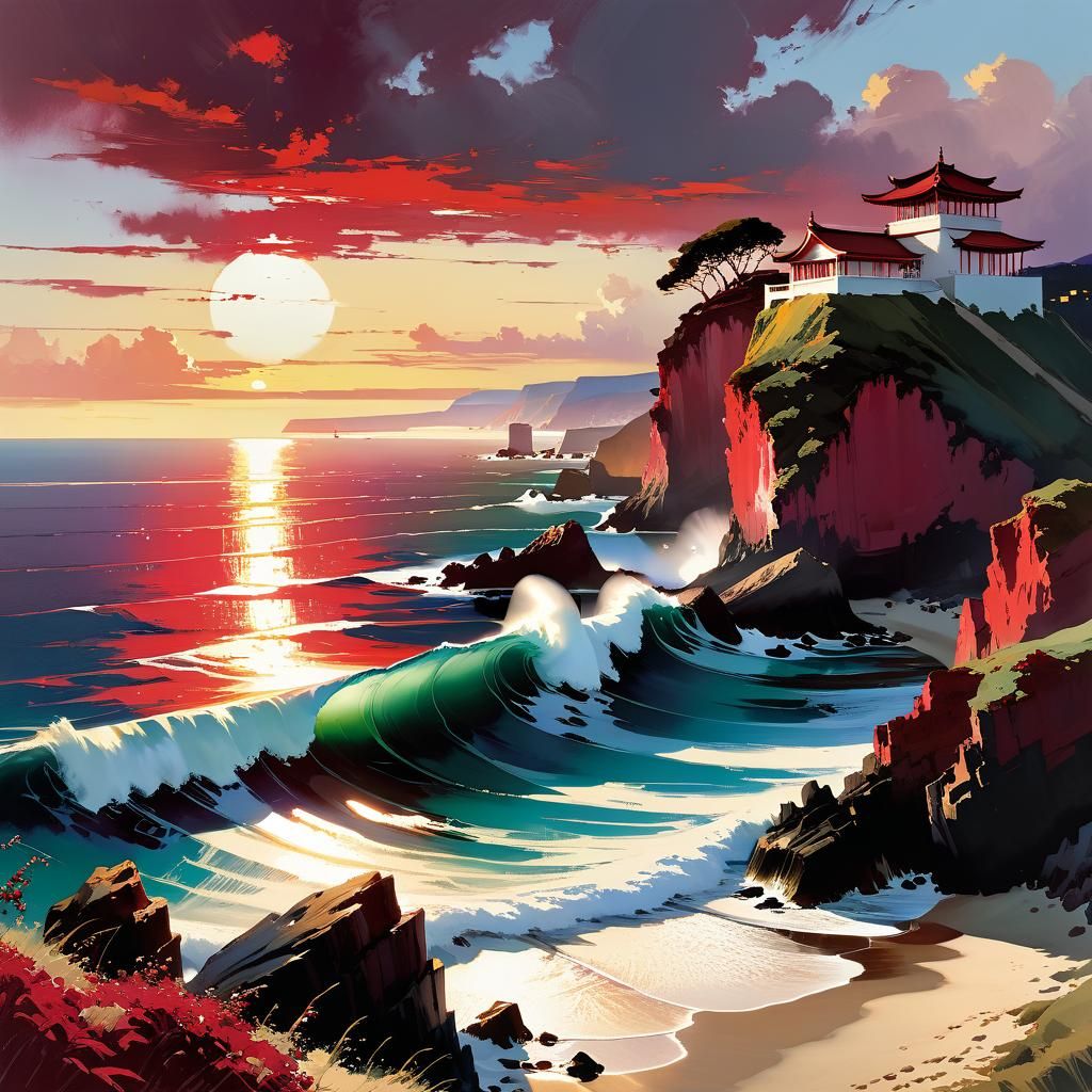 Dramatic Sunset Over Sea as Watercolor Painting