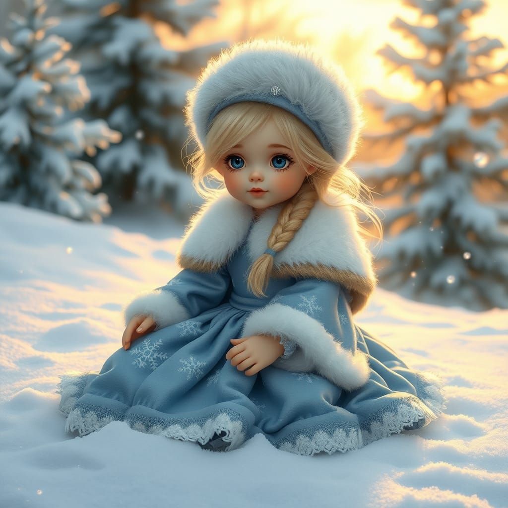 Little Girl in Blue Gown on Snowy Ground in Sunset Glow