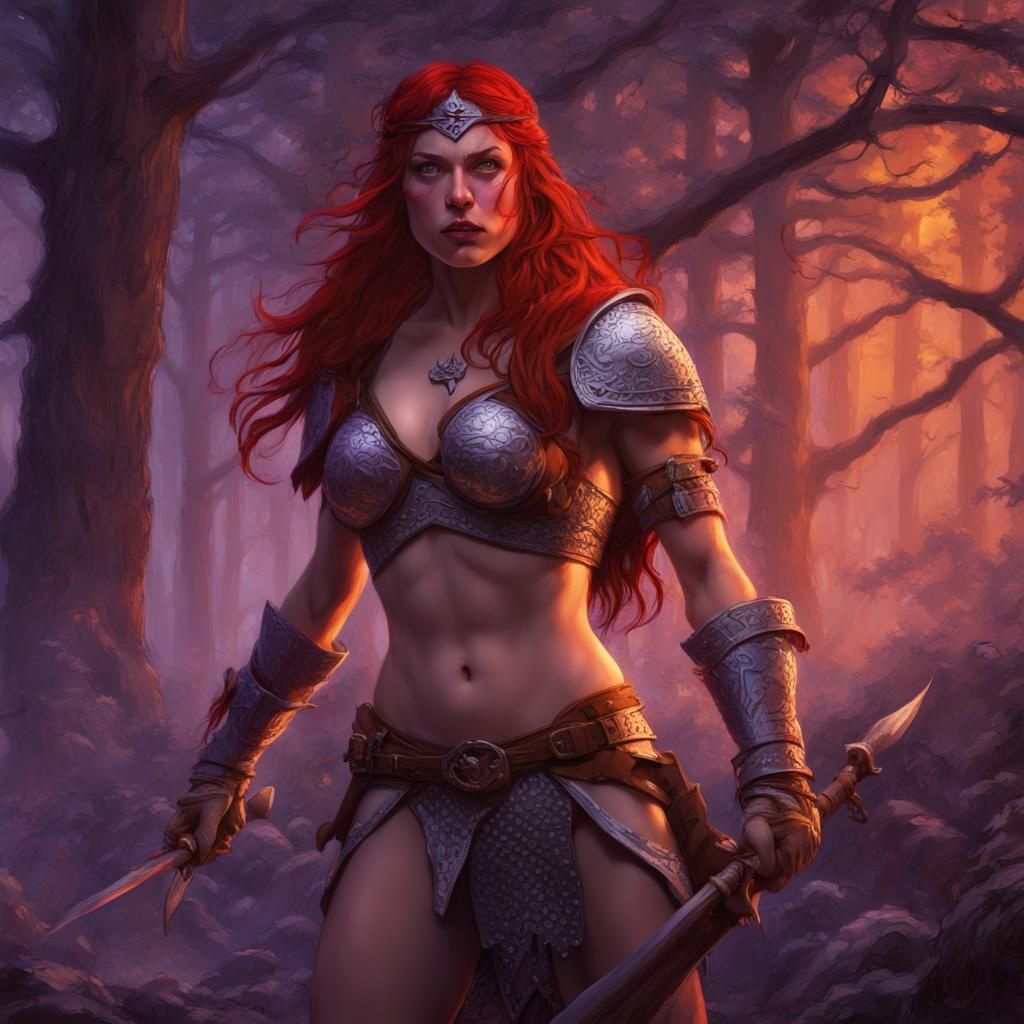 Red Sonja in Woodlands Battle: Dark Fantasy Oil Painting