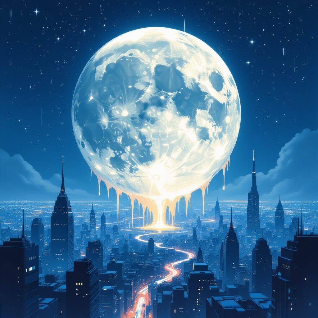 Melting Moon Over Metropolis: A Surreal Dreamscape