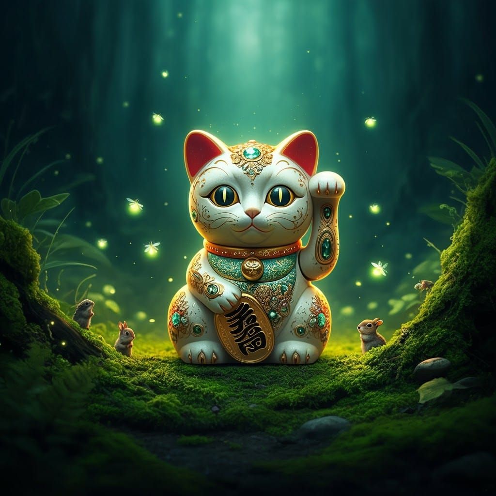 Whimsical, Hyperrealistic Maneki-Neko in a Vibrant Forest Sc...