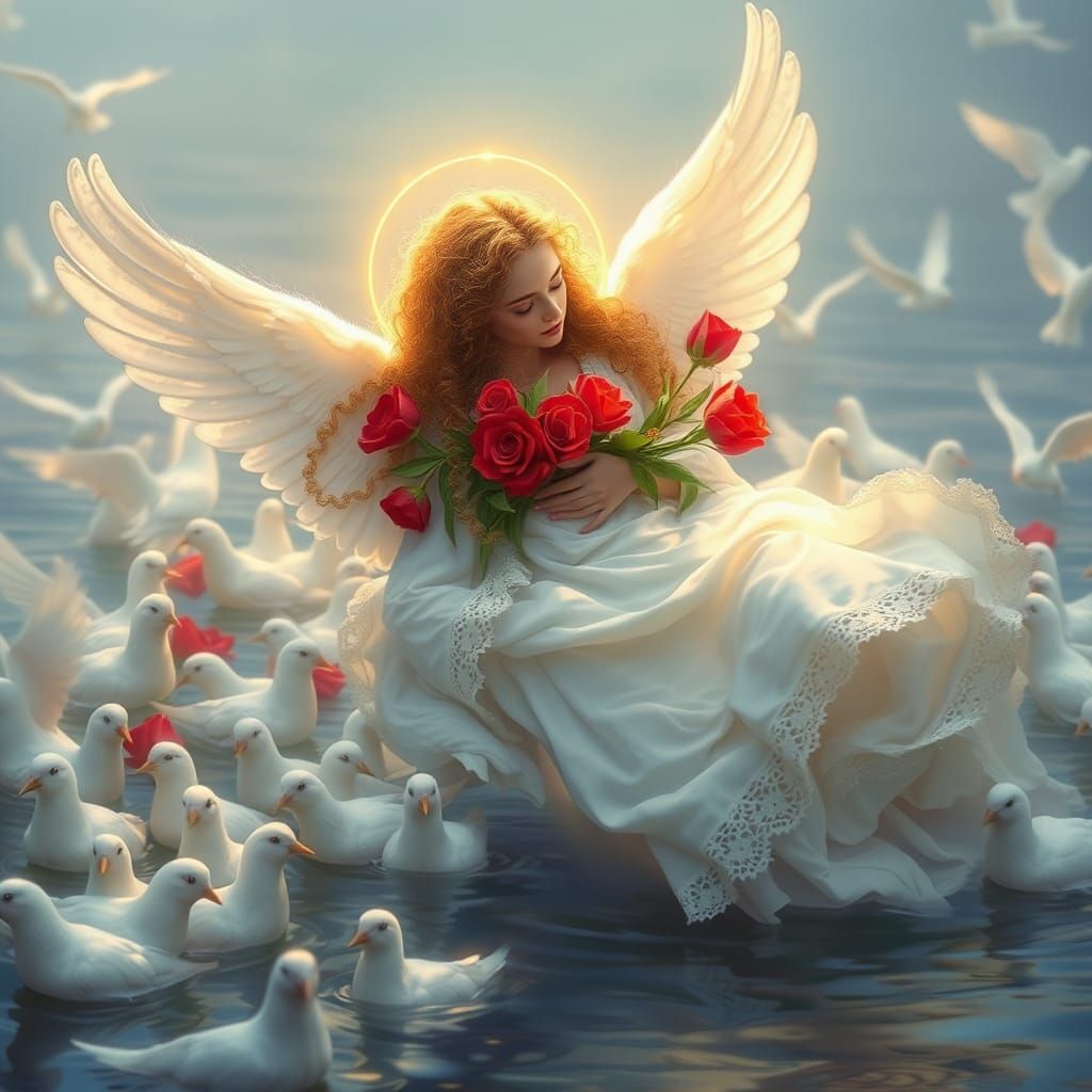 Angel Swimming with Doves in Ethereal Light