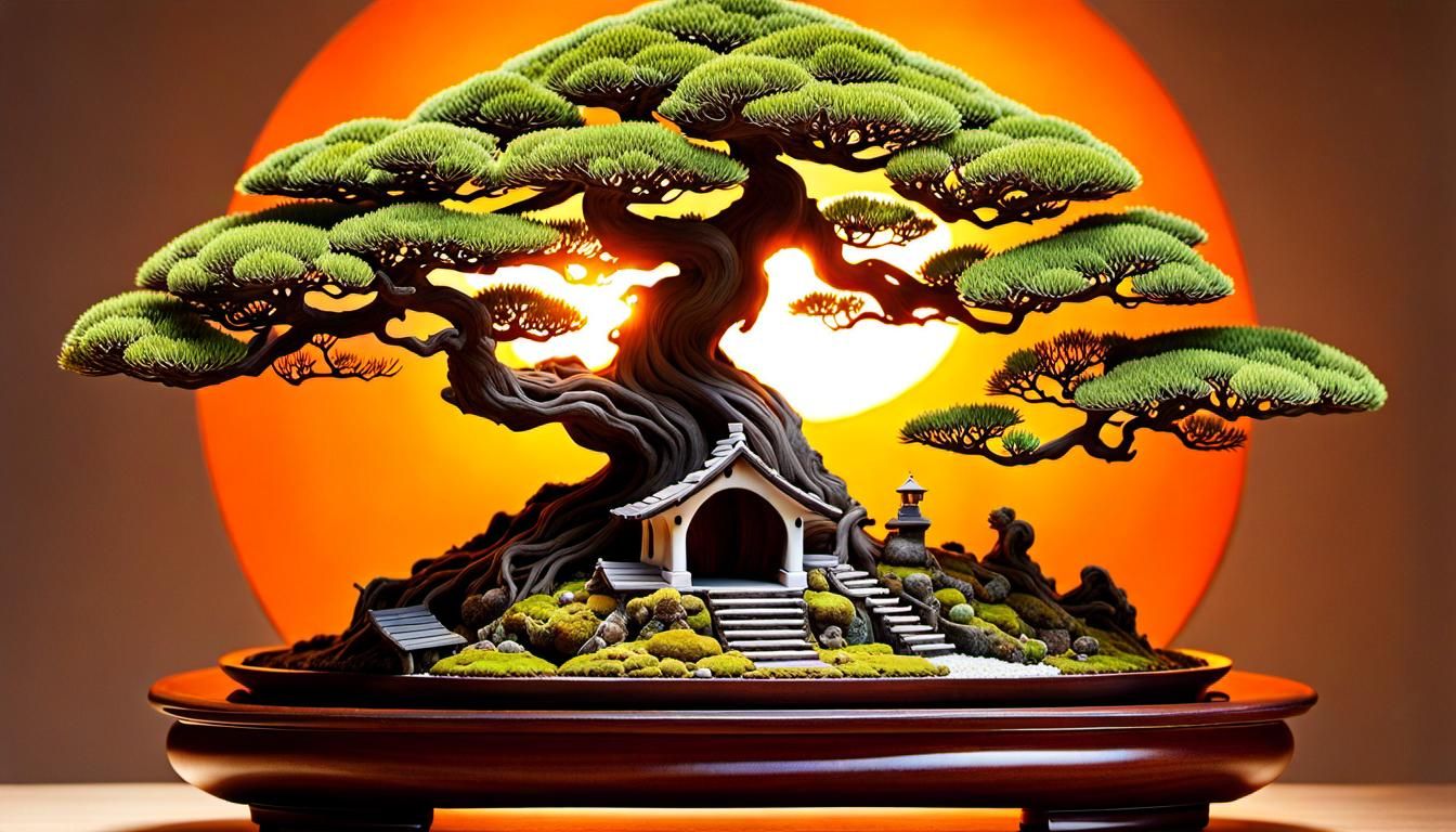 Bonsai Sunset Double Exposure: Stylized Watercolor Art