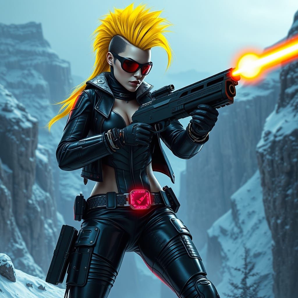 Cyberpunk Amazon Warrior in Snowy Canyon