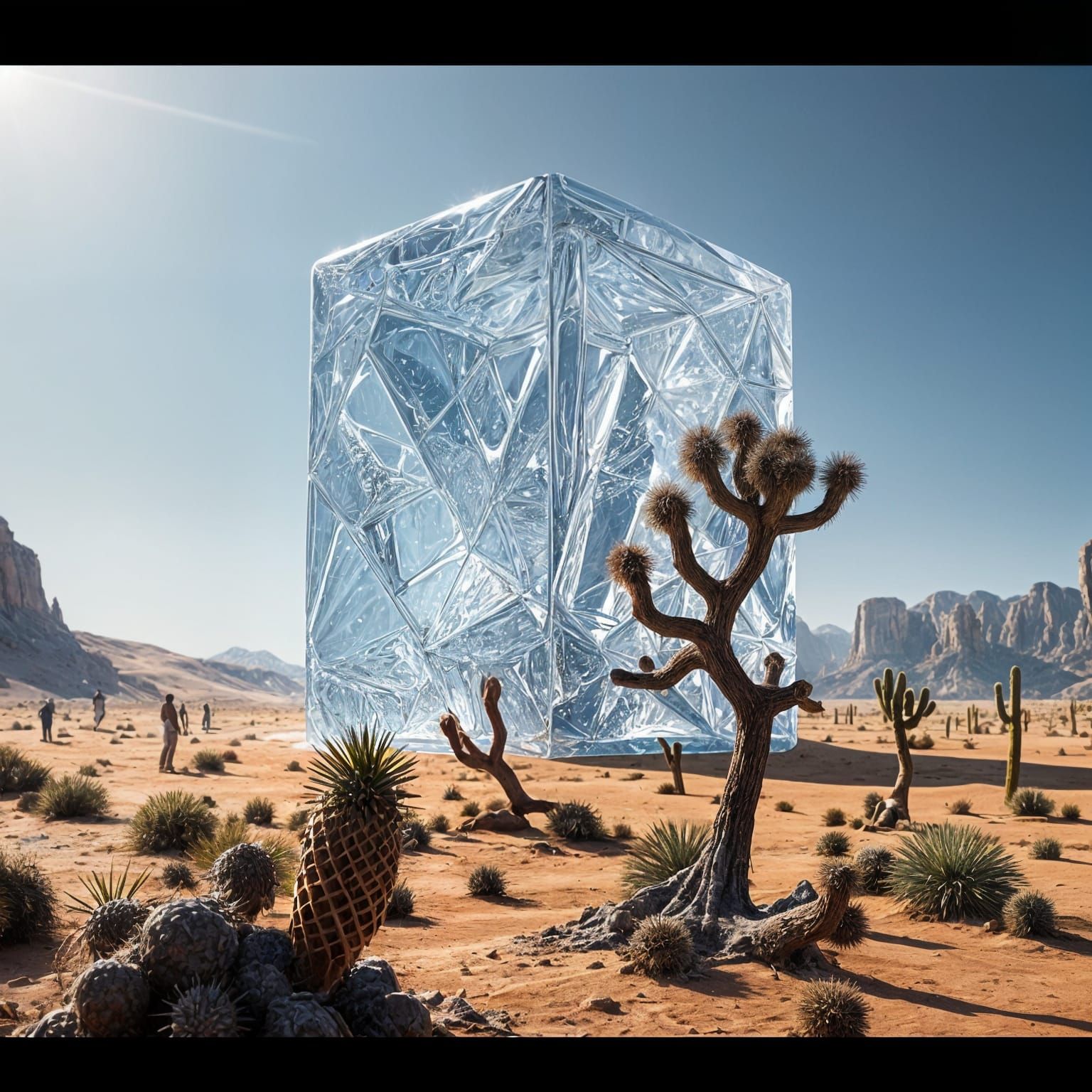 Hyperrealistic Desert Oasis with Gigantic Ice Cube