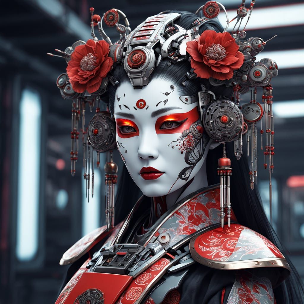 Cybernetic Geisha: Intricate Digital Art Fusion
