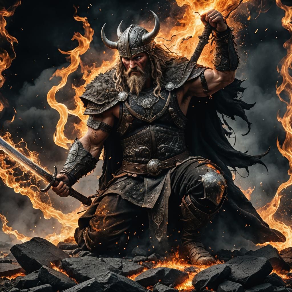 Viking Fire God Disintegrating in Hyperrealistic Digital Art