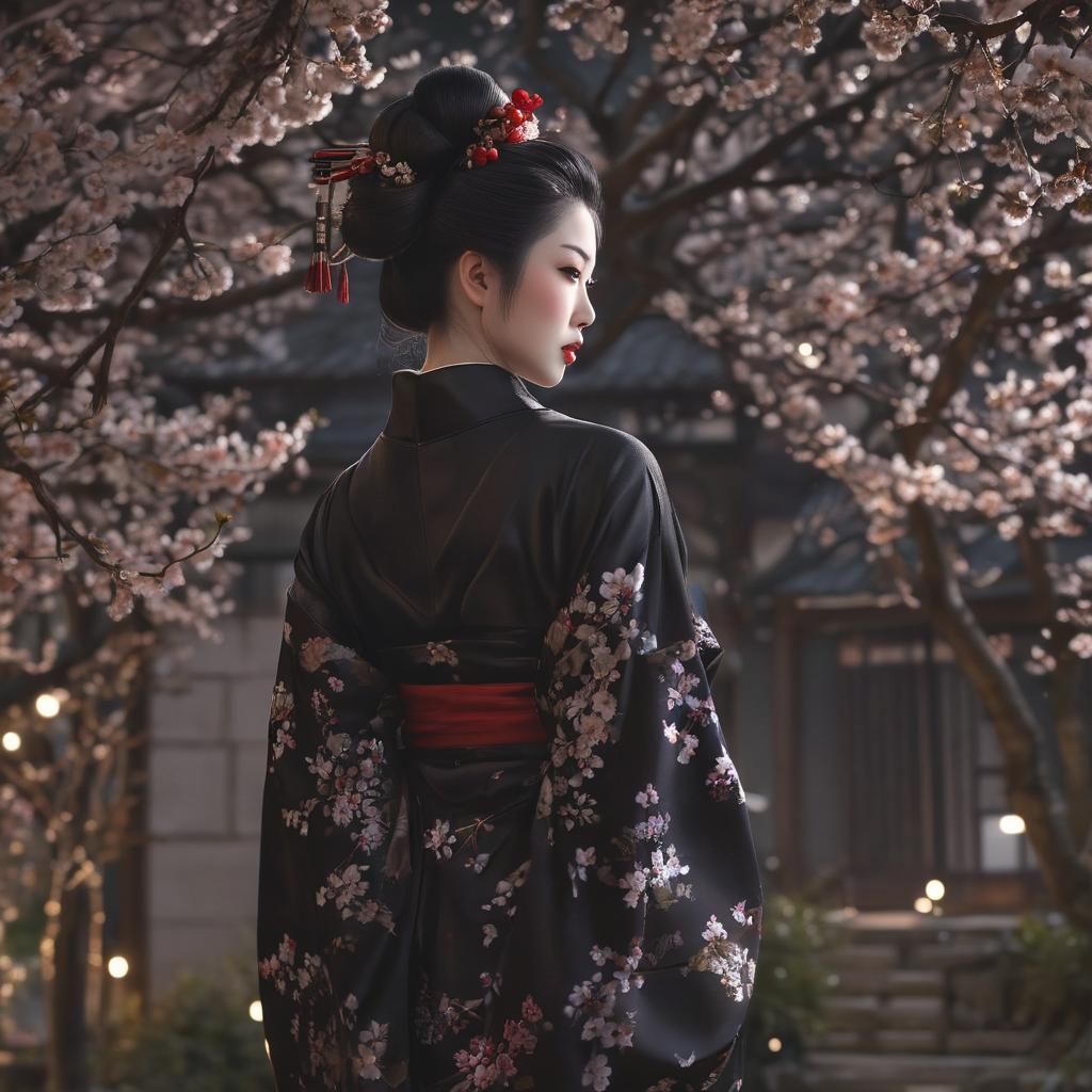 Geisha in Moonlight Garden with Cherry Trees