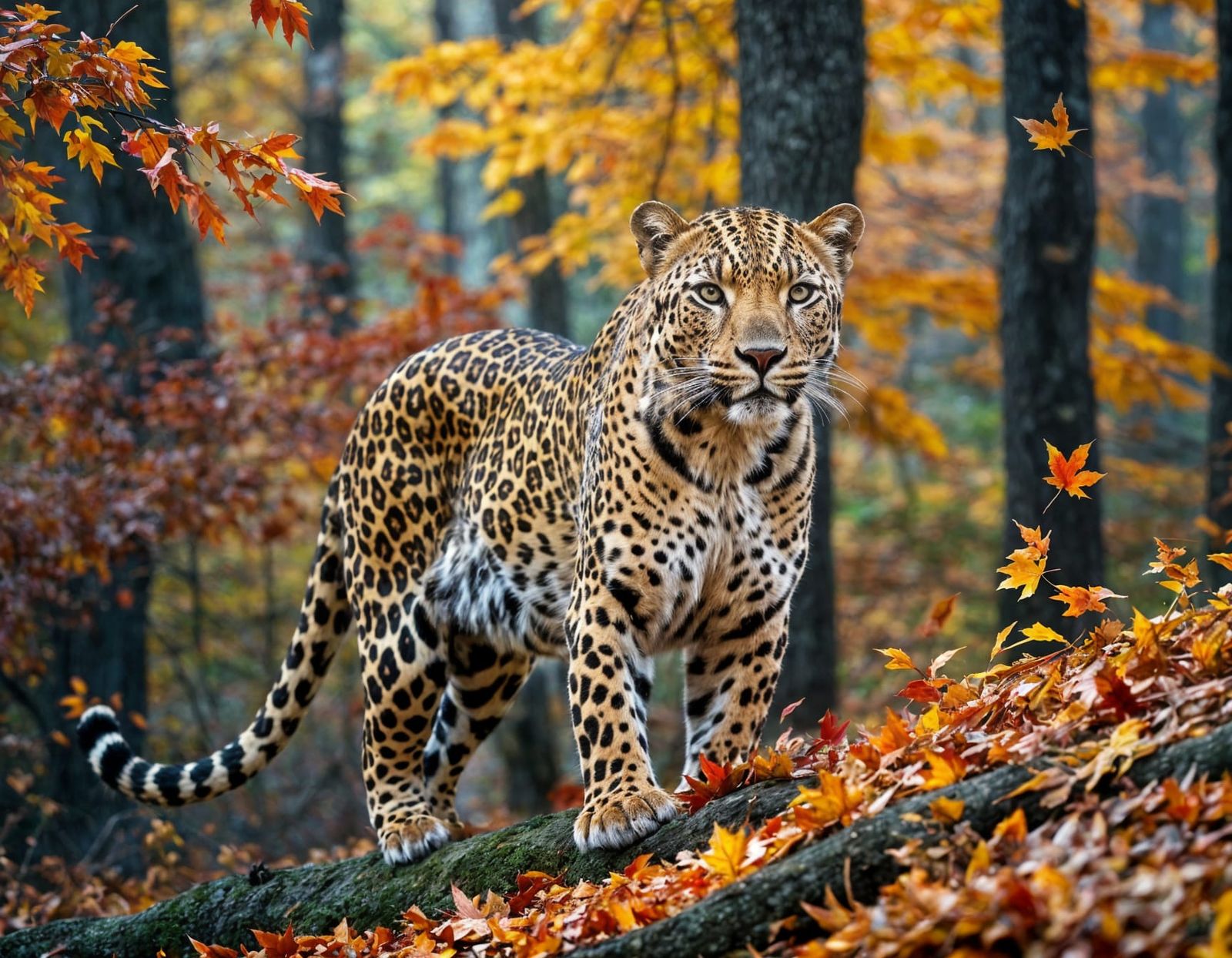 Ethereal Leopard Formed of Swirling Autumn Leaves
