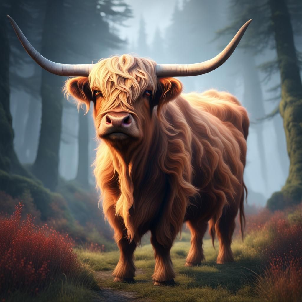 Highland Cow Wizard in Ethereal Fantasy Style