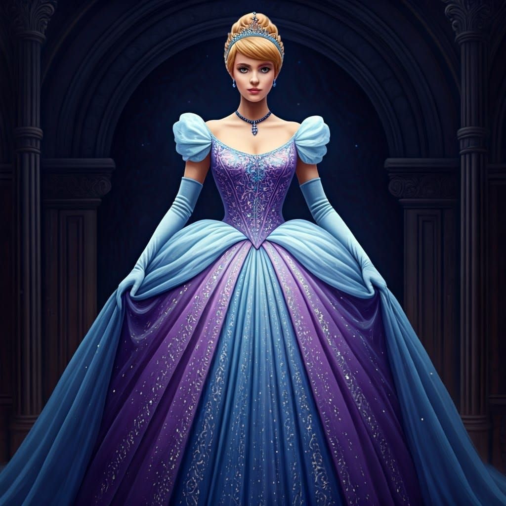 Cinderella wearing a purple and blue gown